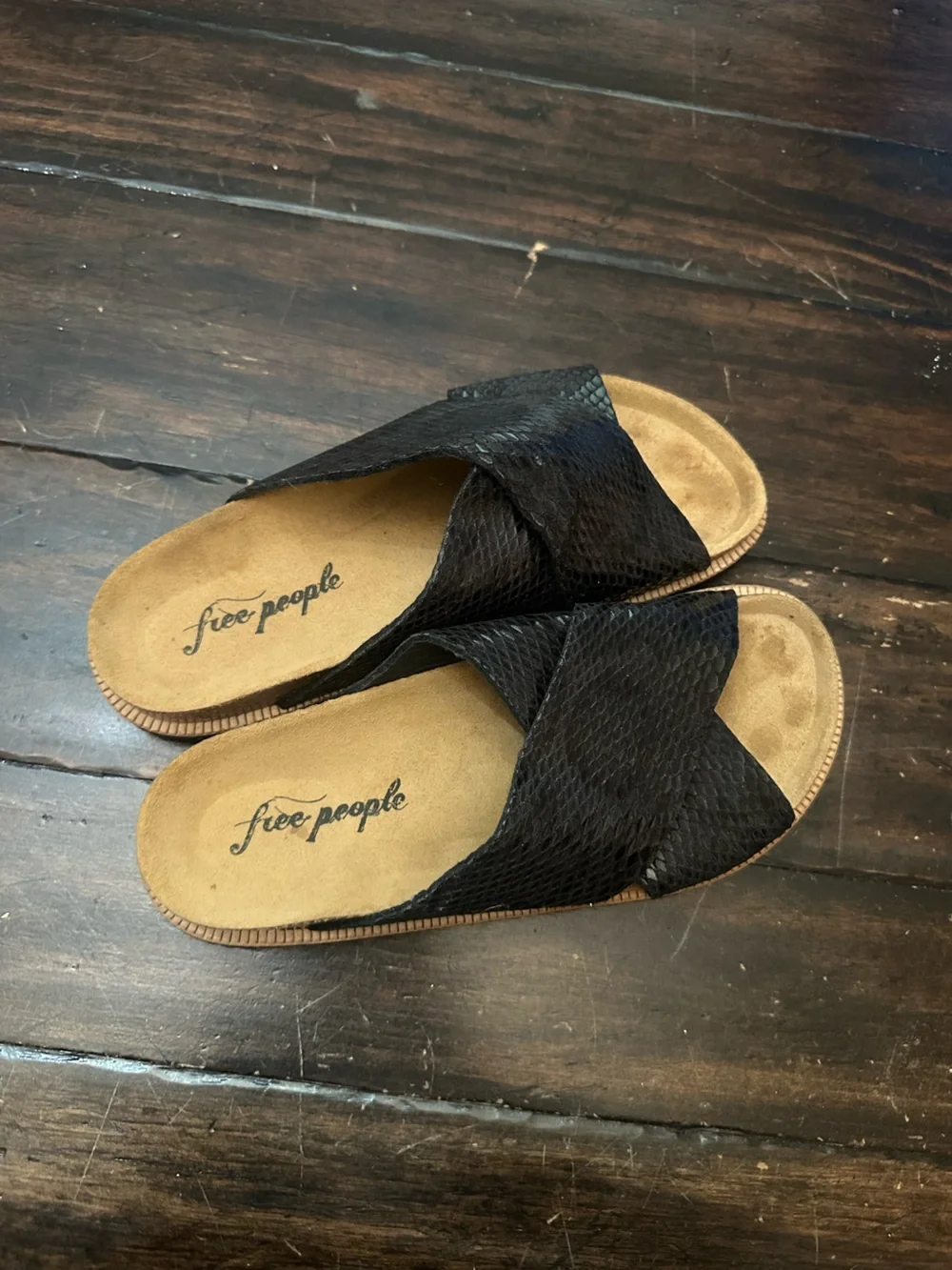 Free People Black Snakeskin Embossed Criss Cross Slide Sandals EU 37